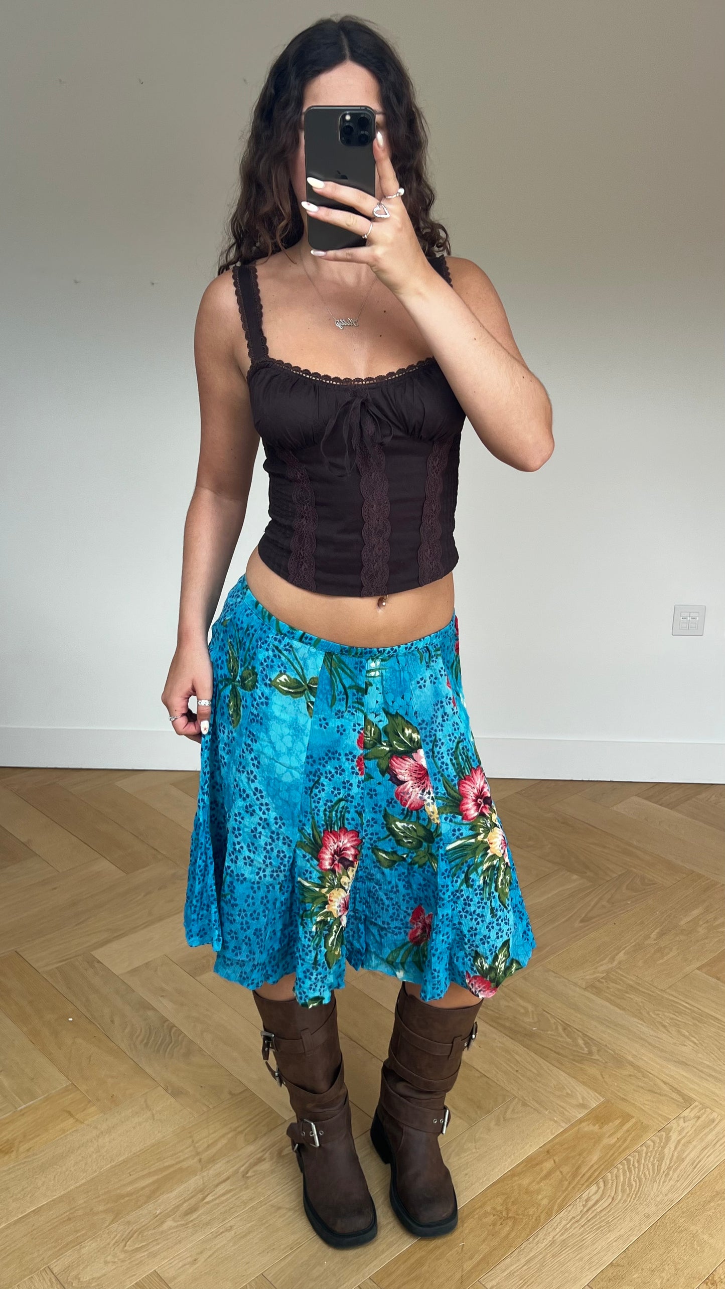 00s blue floral midi skirt- size S