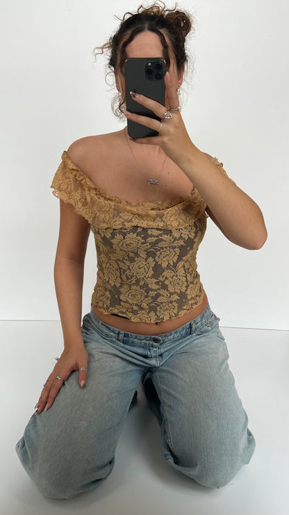 00s brown lace off shoulder top- size XS/S