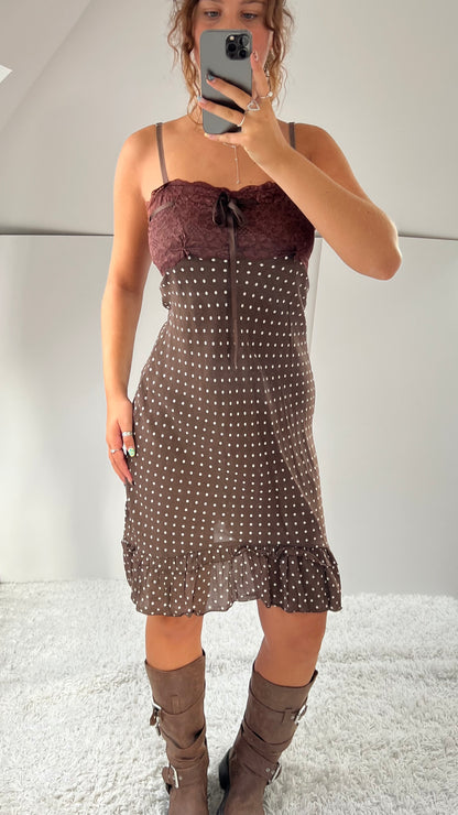 00s brown polka dot midi dress- size S/M