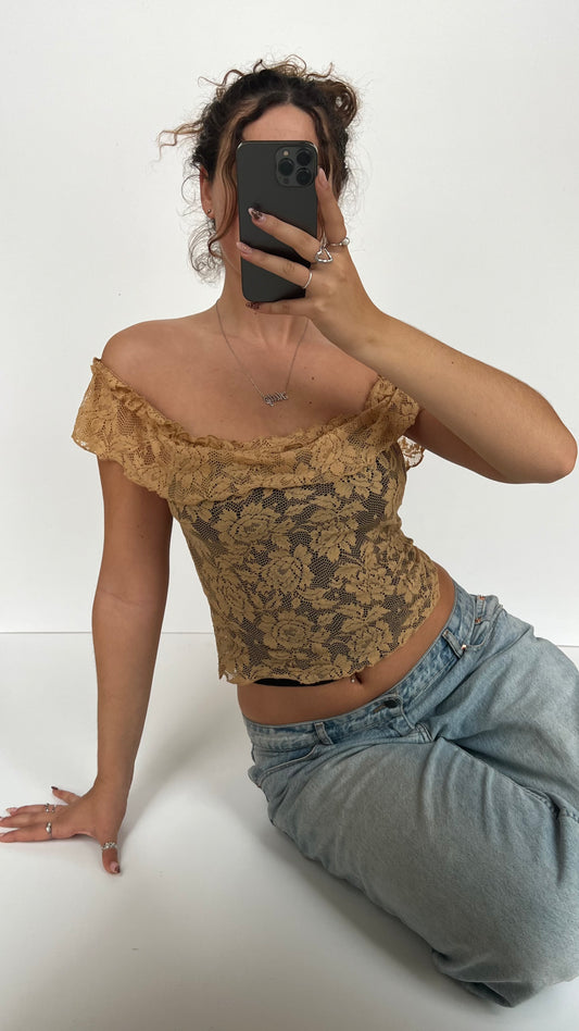 00s brown lace off shoulder top- size XS/S