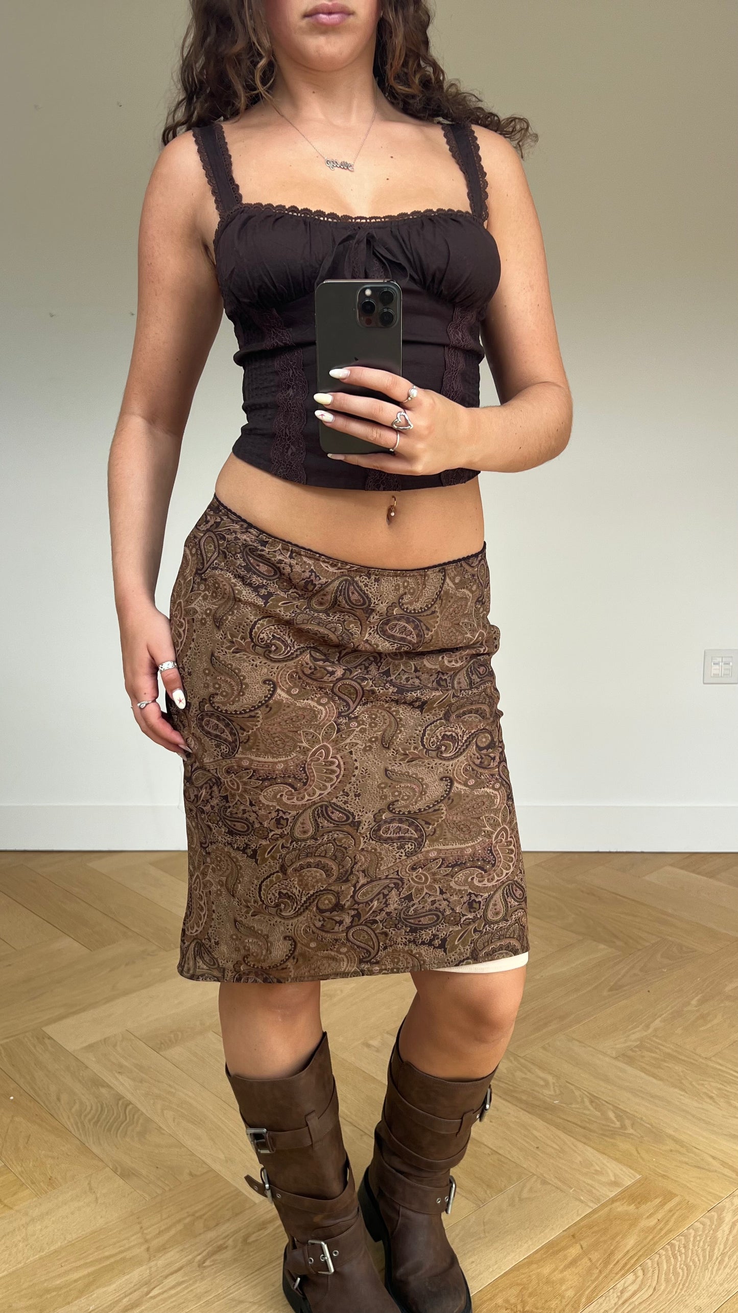 00s brown paisley mesh midi skirt- size S