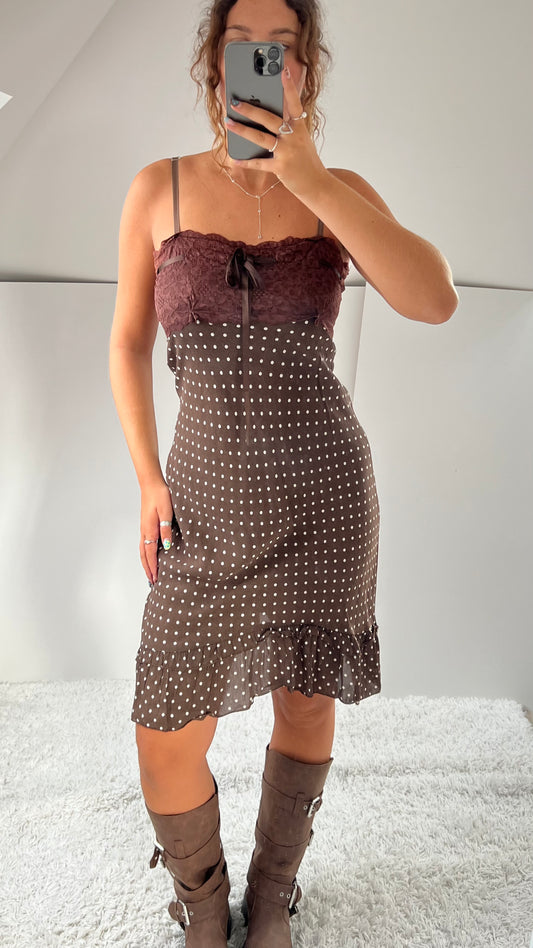 00s brown polka dot midi dress- size S/M