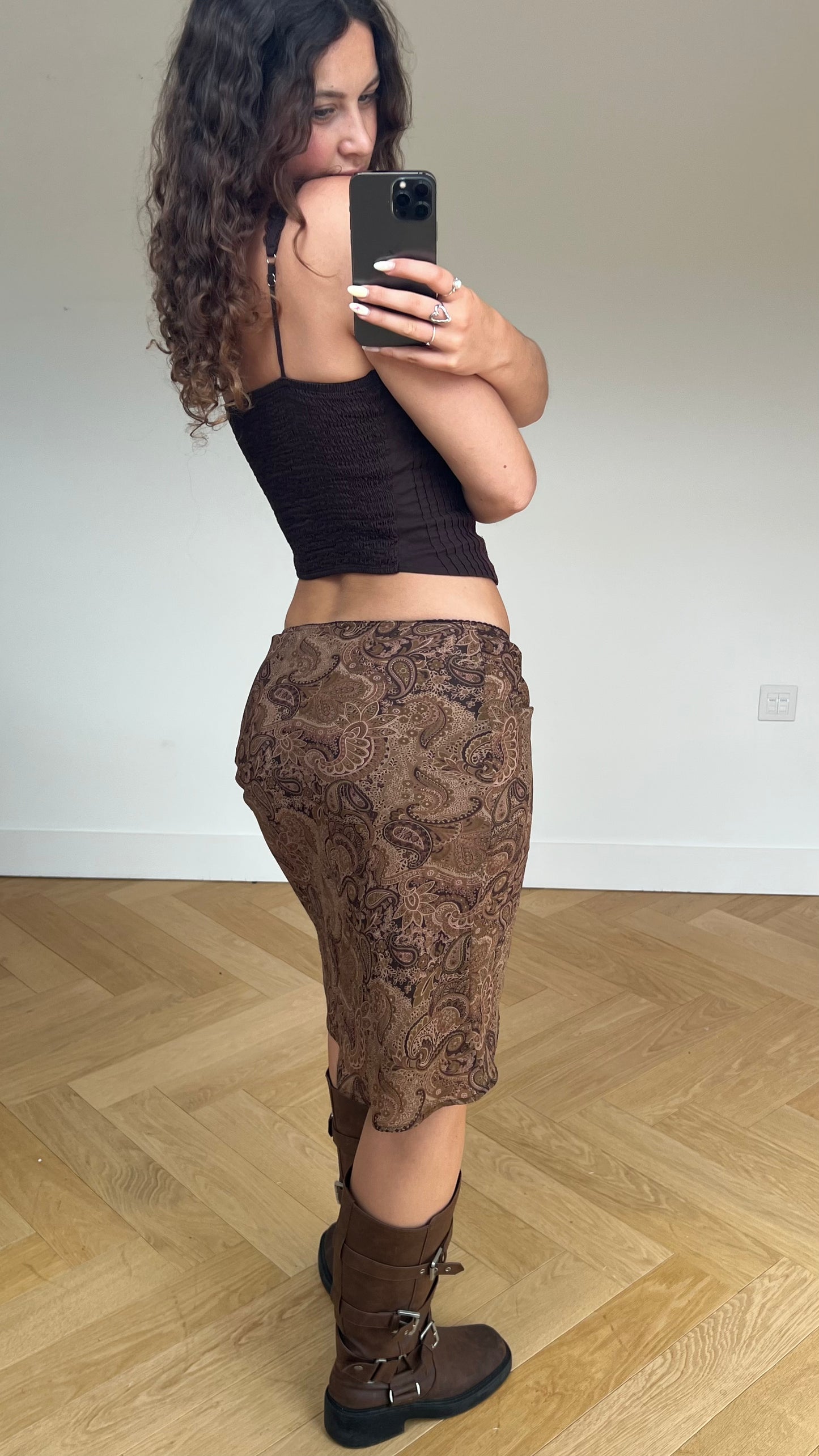 00s brown paisley mesh midi skirt- size S