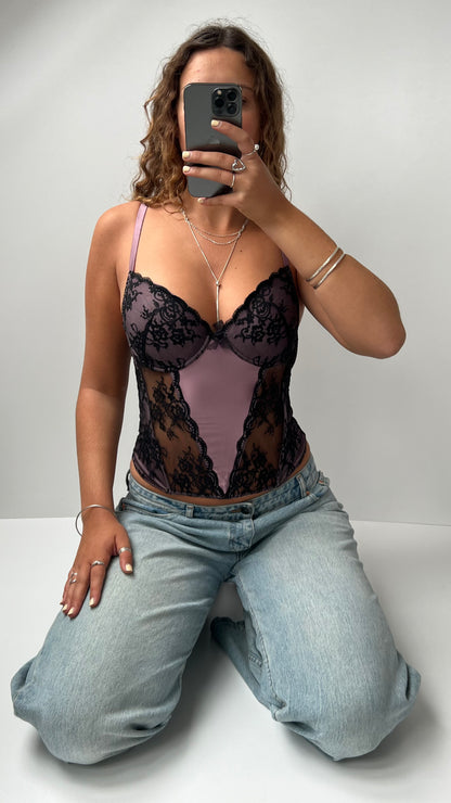00s purple black lace corset- size S
