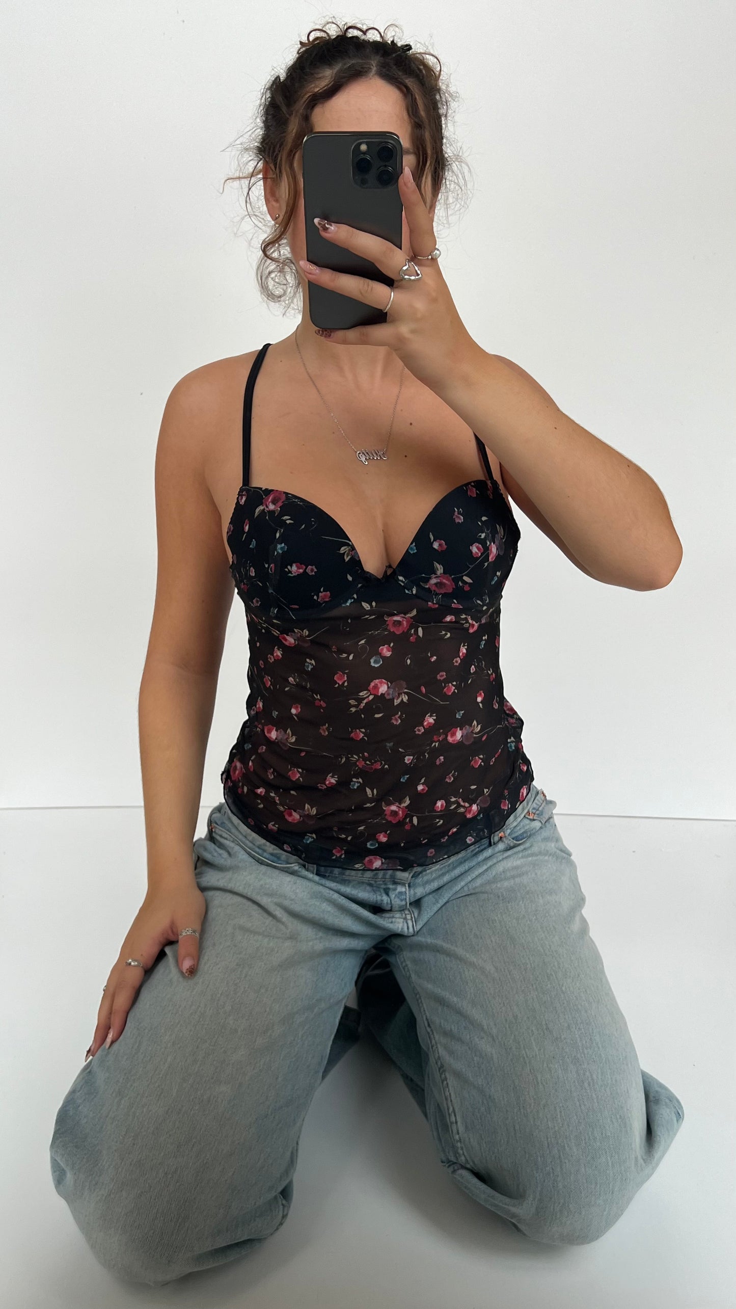 00s black mesh floral corset cami- size S