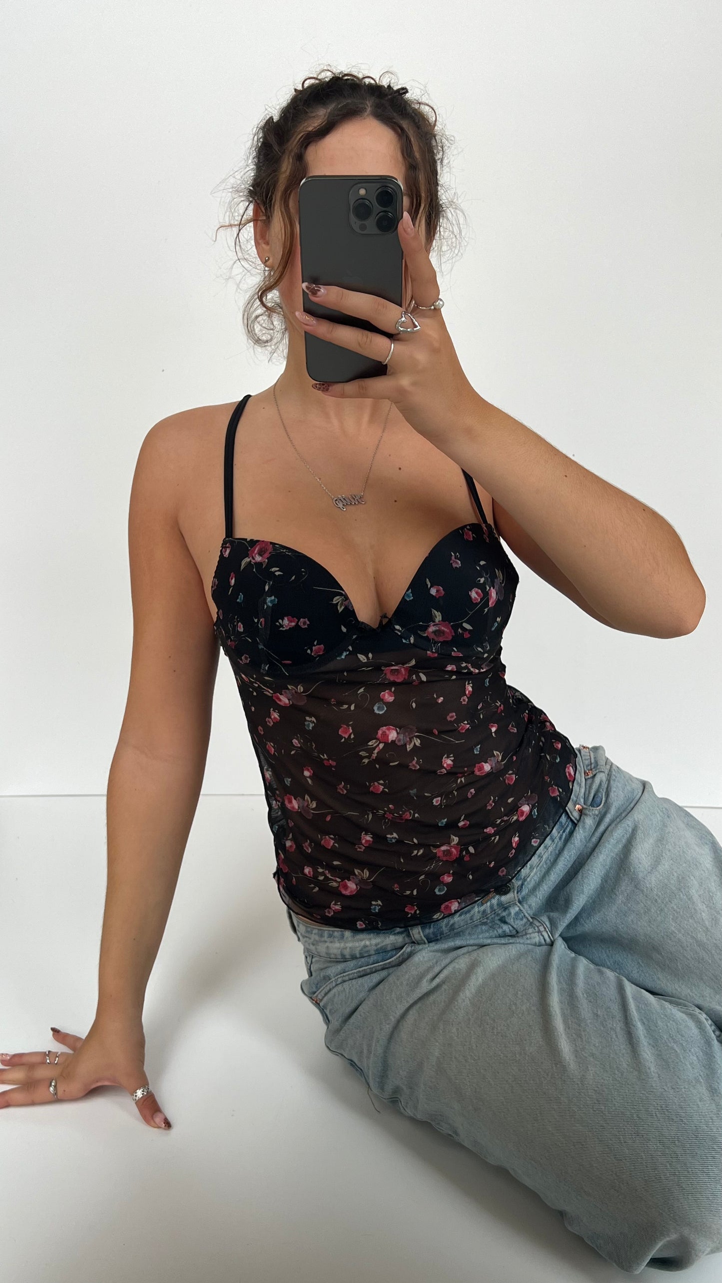00s black mesh floral corset cami- size S