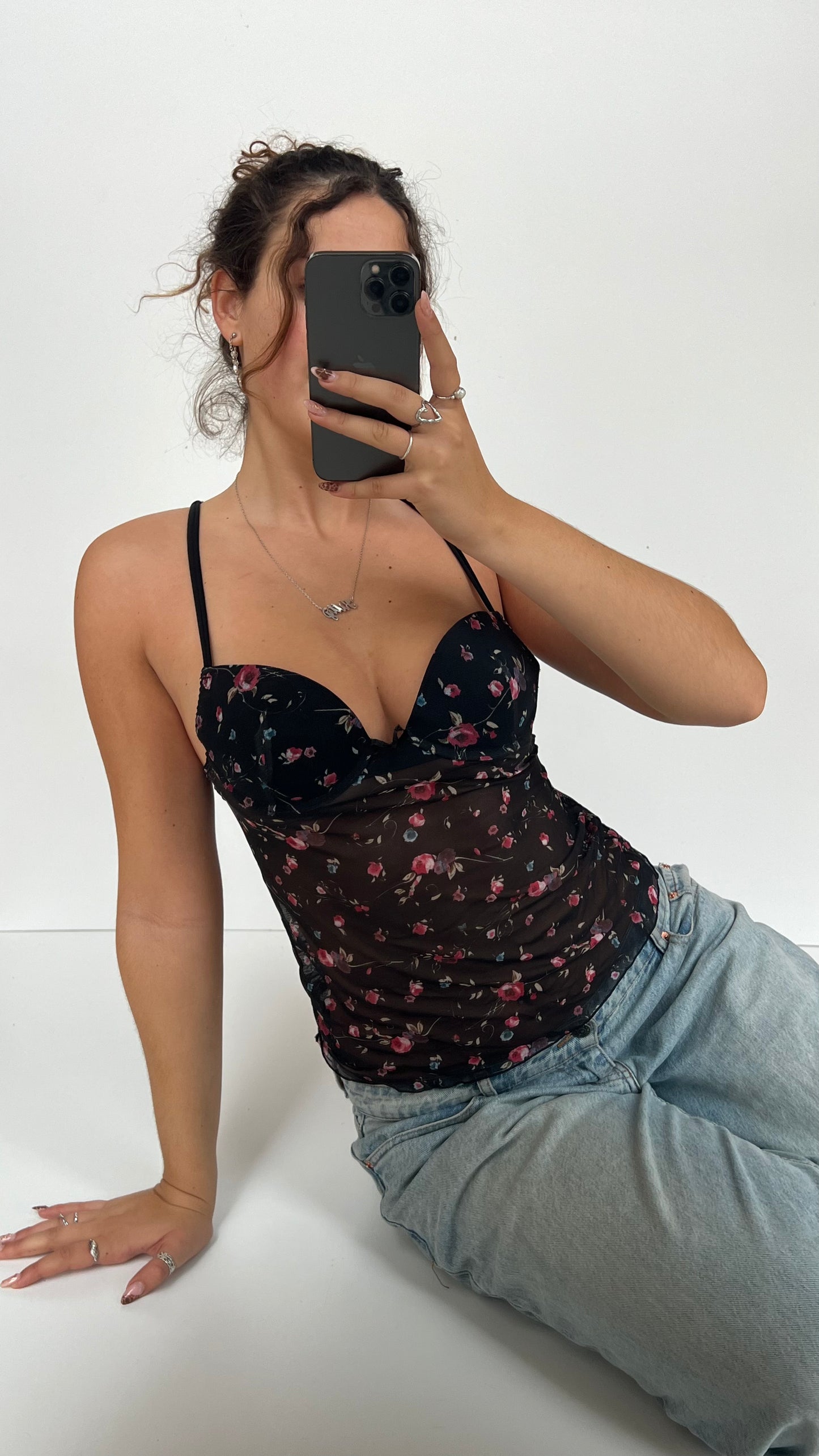 00s black mesh floral corset cami- size S