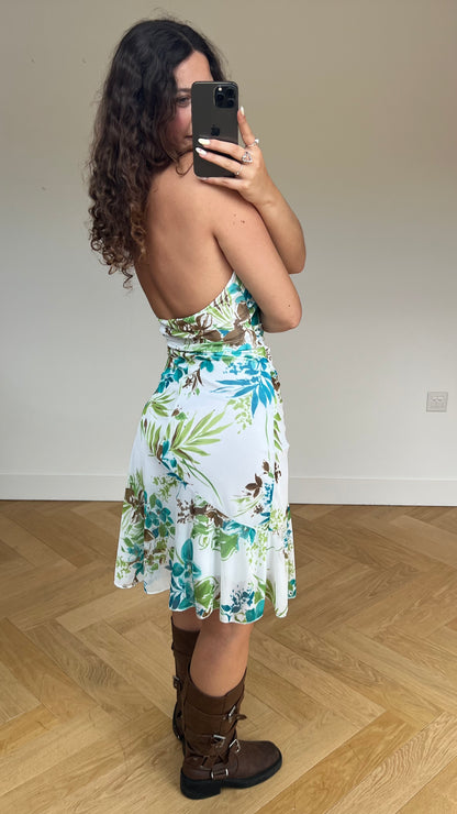 00s white blue floral midi dress- size S