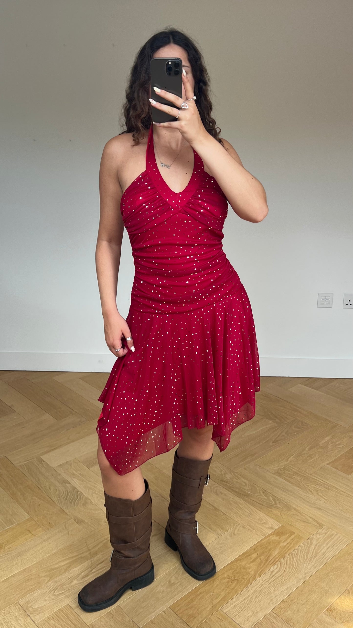 00s red glitter midi dress- size L