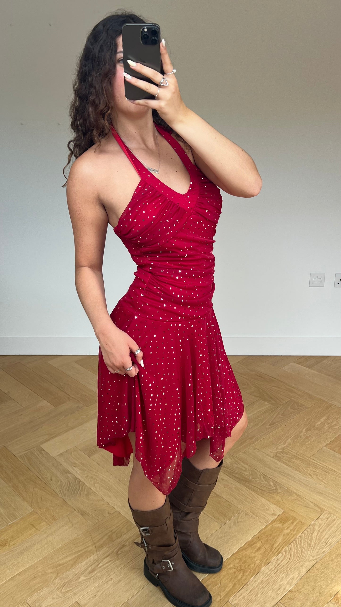 00s red glitter midi dress- size L