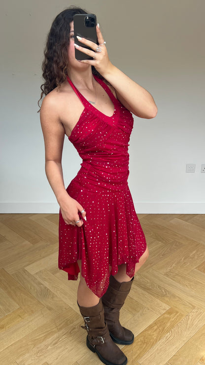 00s red glitter midi dress- size L
