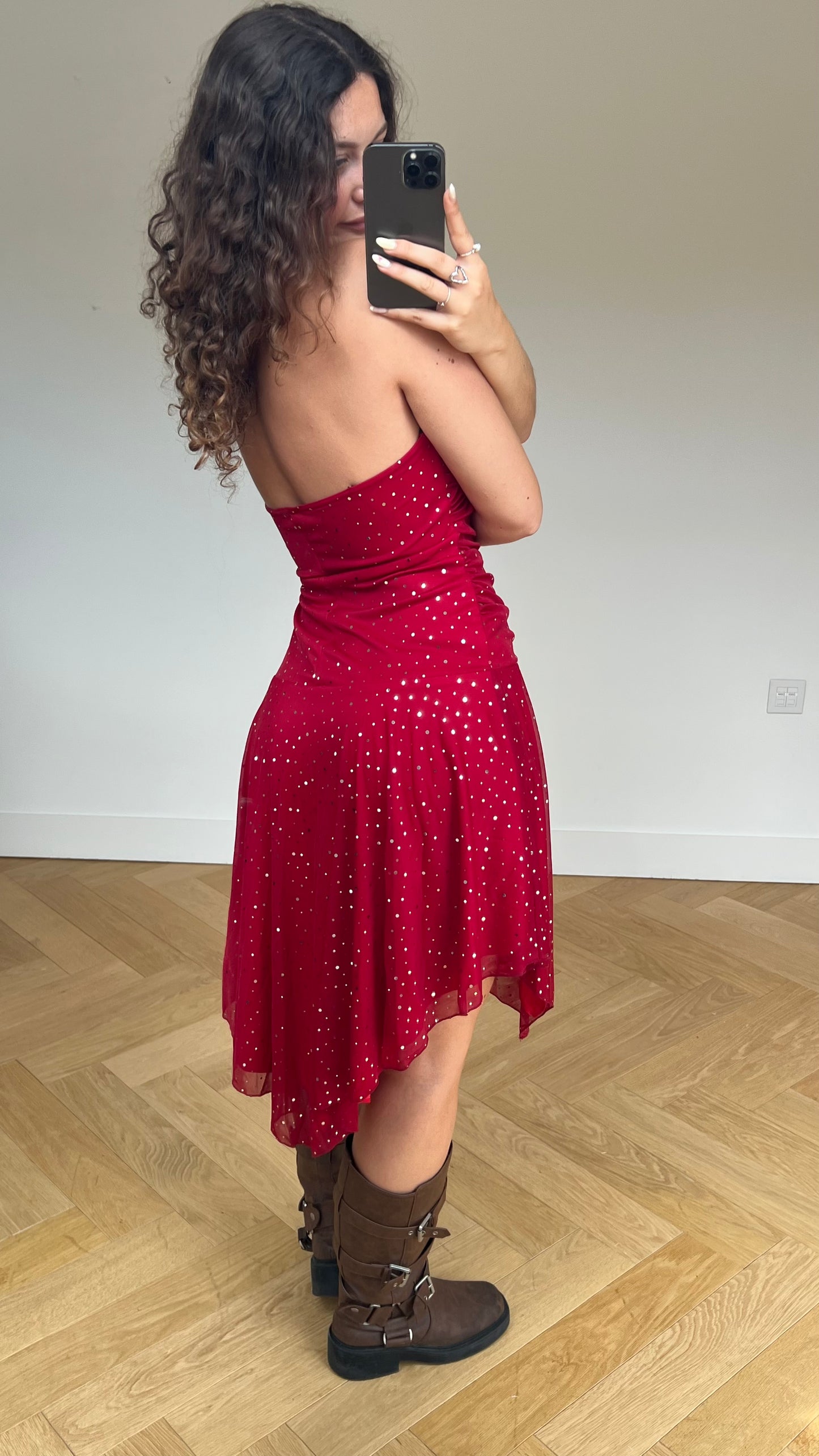 00s red glitter midi dress- size L