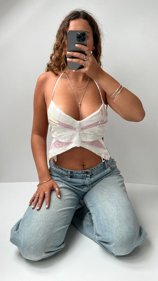 00s white beaded butterfly backless cami- size S