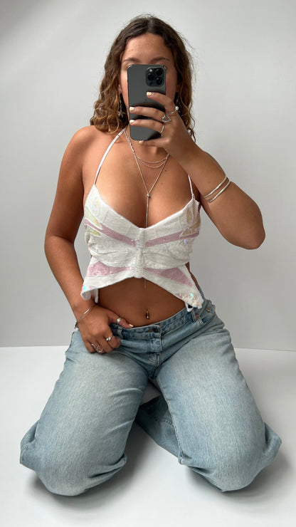 00s white beaded butterfly backless cami- size S