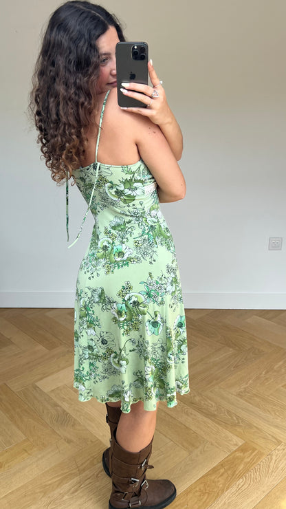 00s green floral midi dress- size M