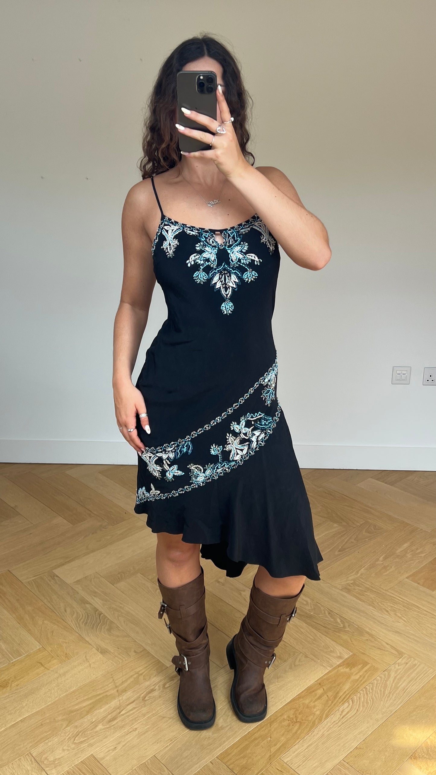 00s black beaded midi dress- size M
