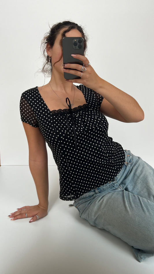 00s black polka dot babydoll top- size L