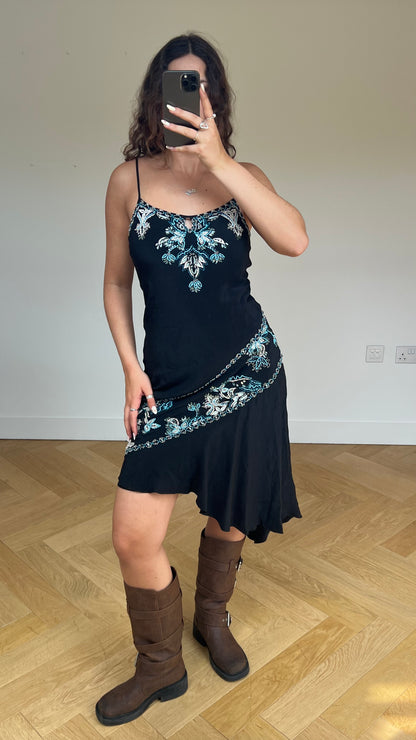 00s black beaded midi dress- size M