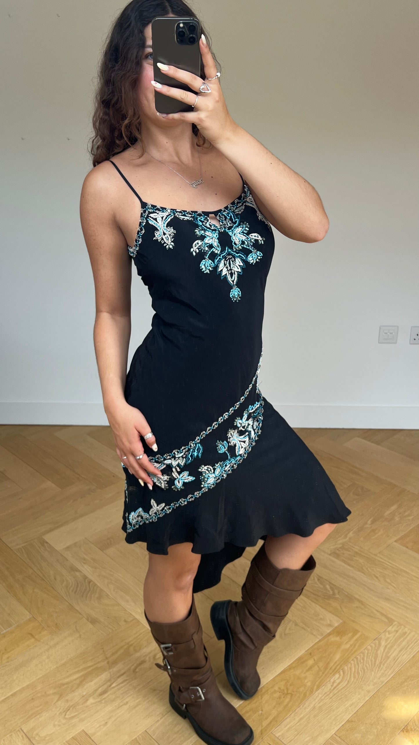 00s black beaded midi dress- size M