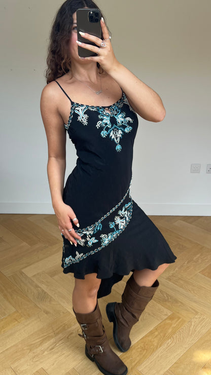00s black beaded midi dress- size M