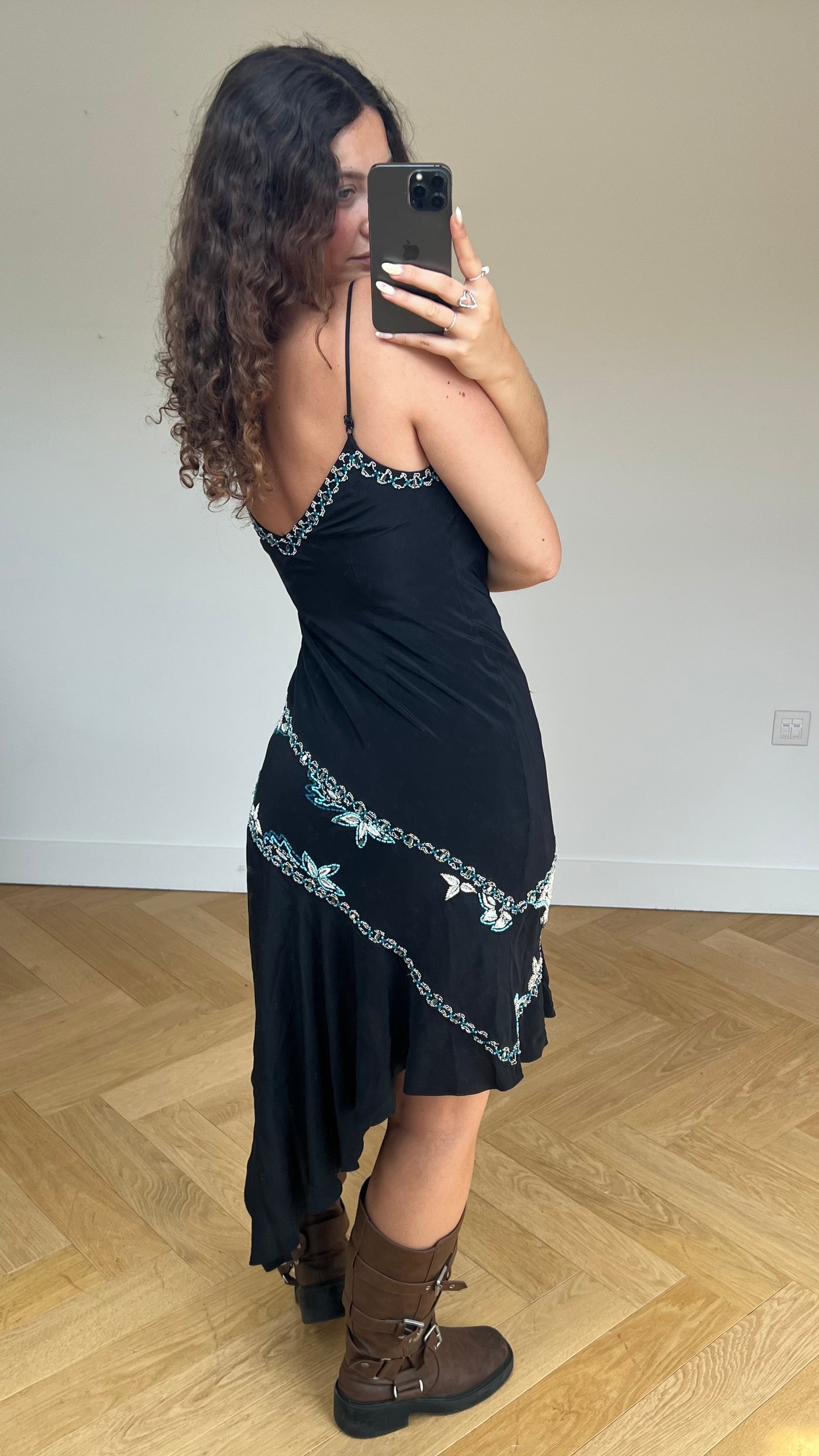 00s black beaded midi dress- size M