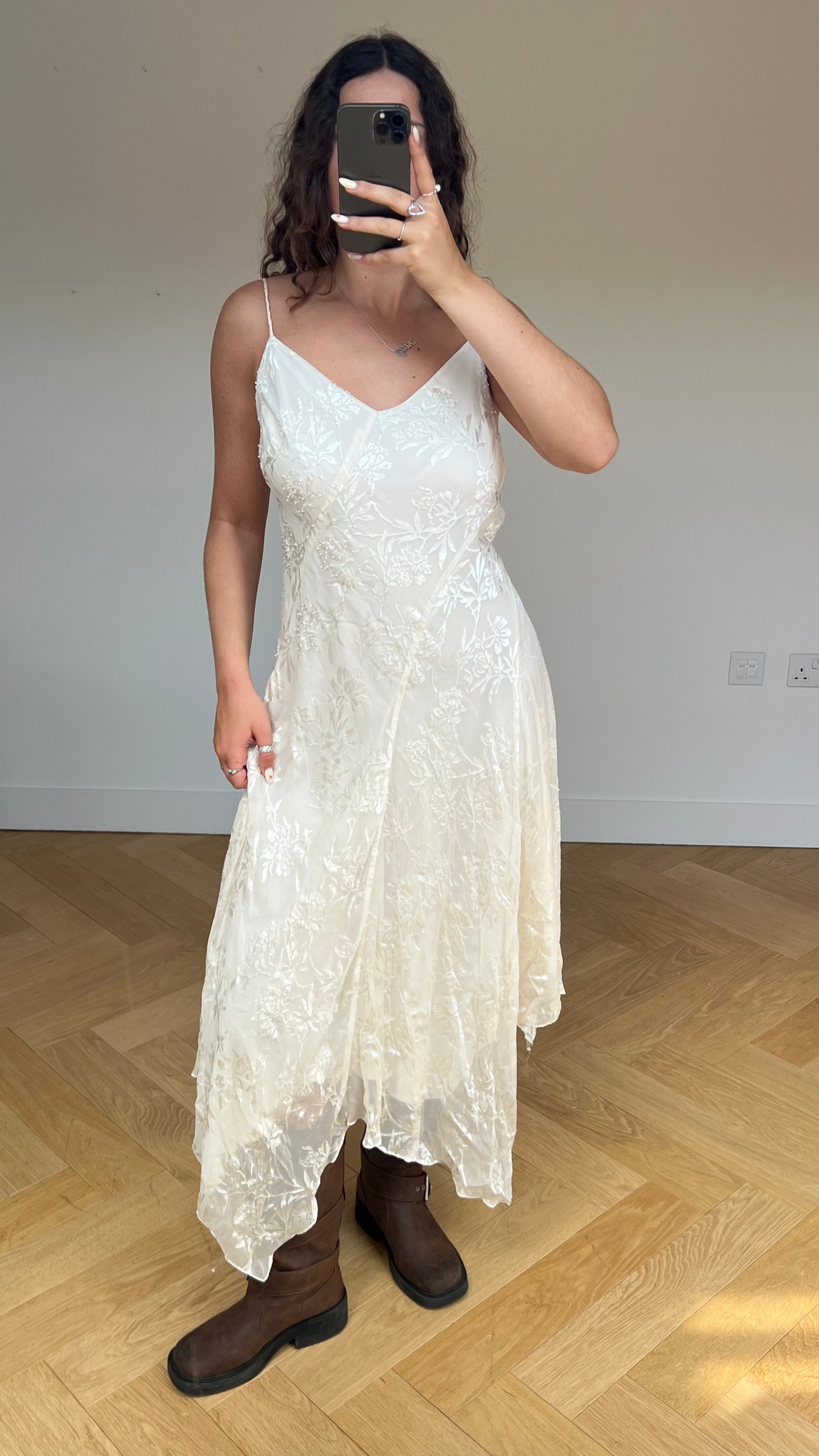 00s white beaded maxi dress- size L
