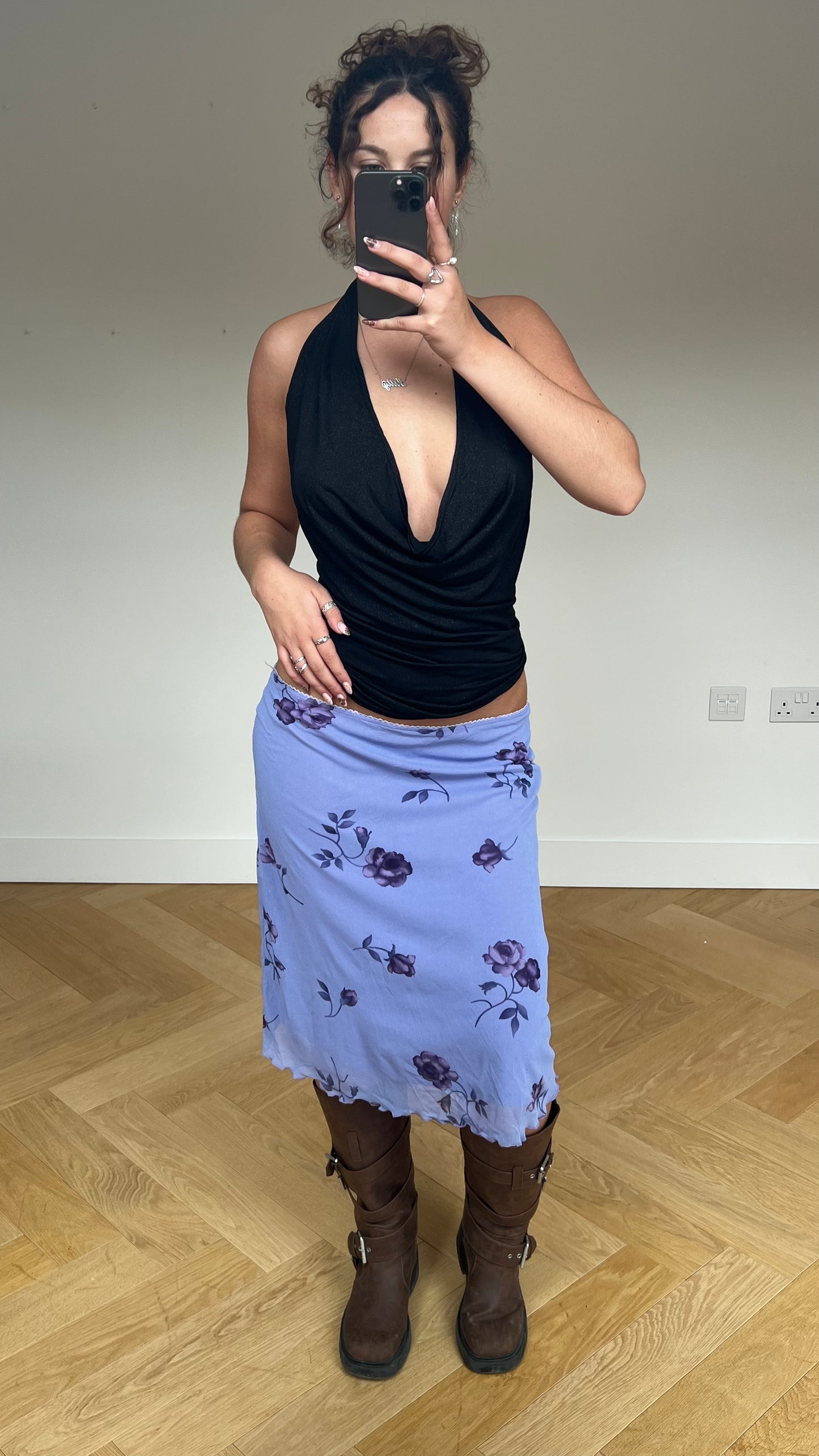 00s lilac floral midi skirt- size L