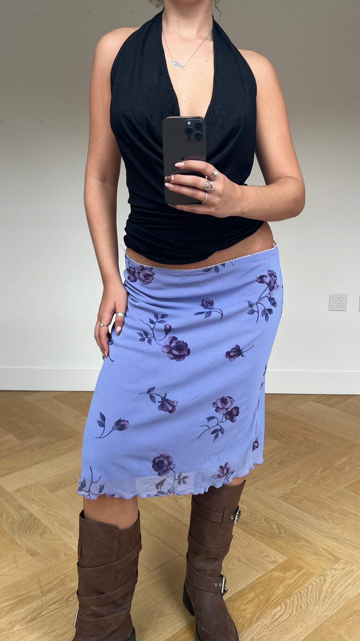 00s lilac floral midi skirt- size L