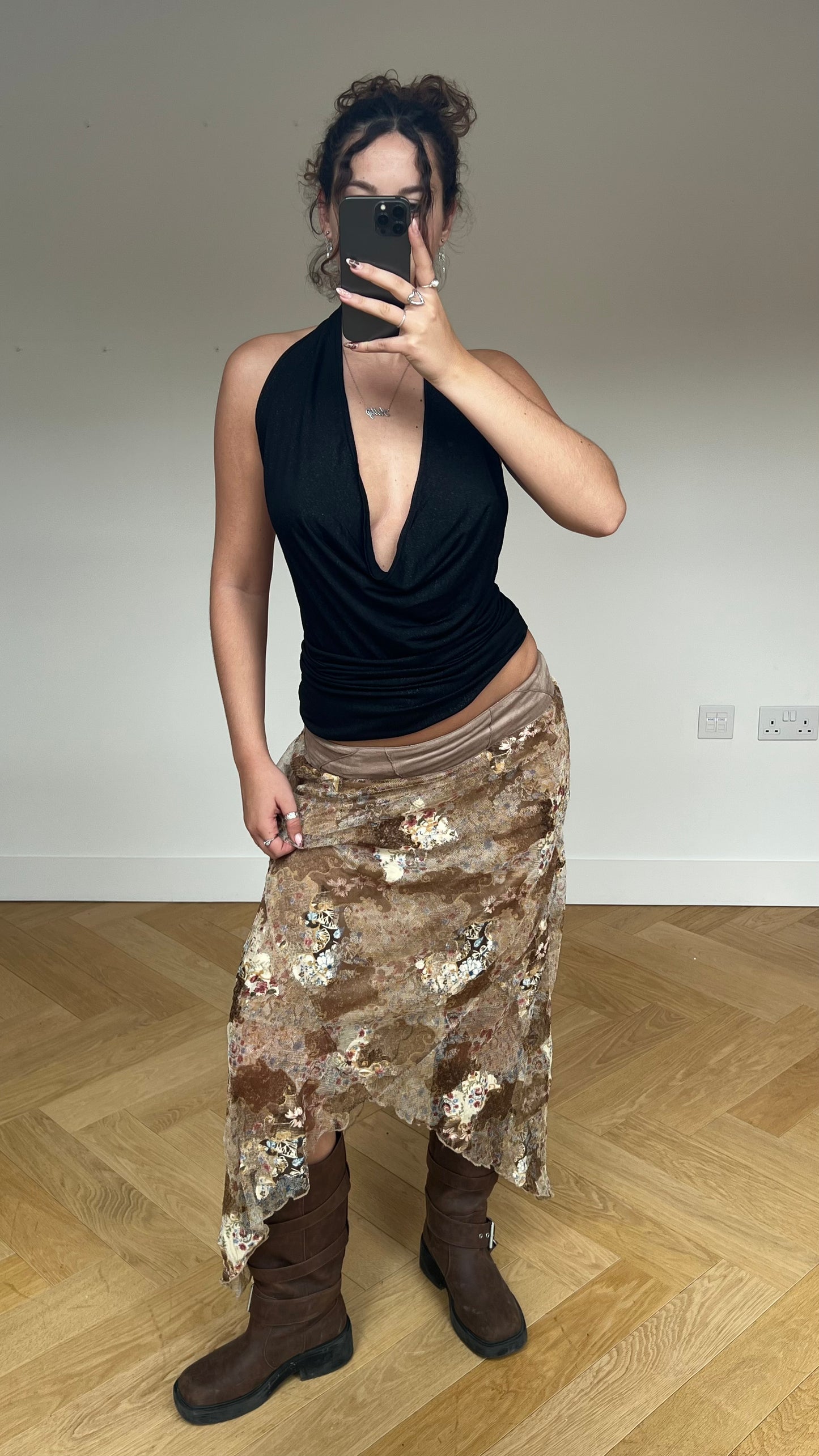 00s brown patchwork lace midi skirt- size M