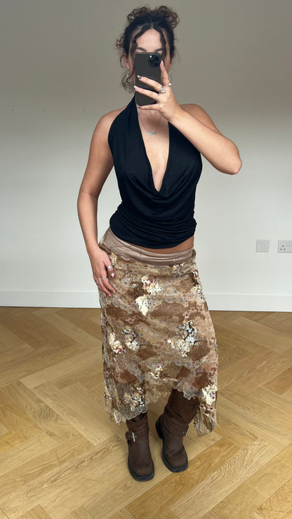 00s brown patchwork lace midi skirt- size M