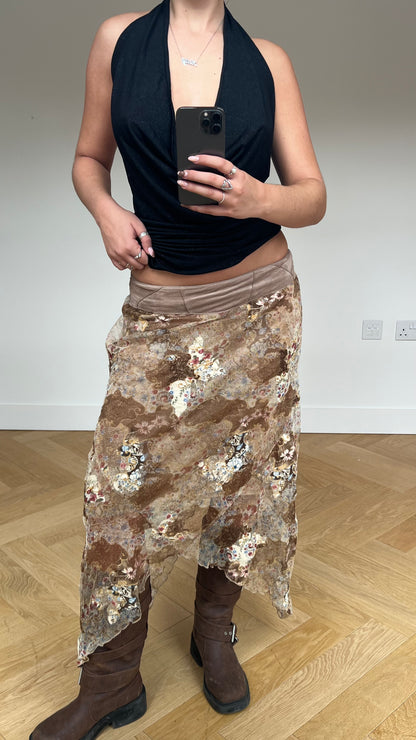 00s brown patchwork lace midi skirt- size M