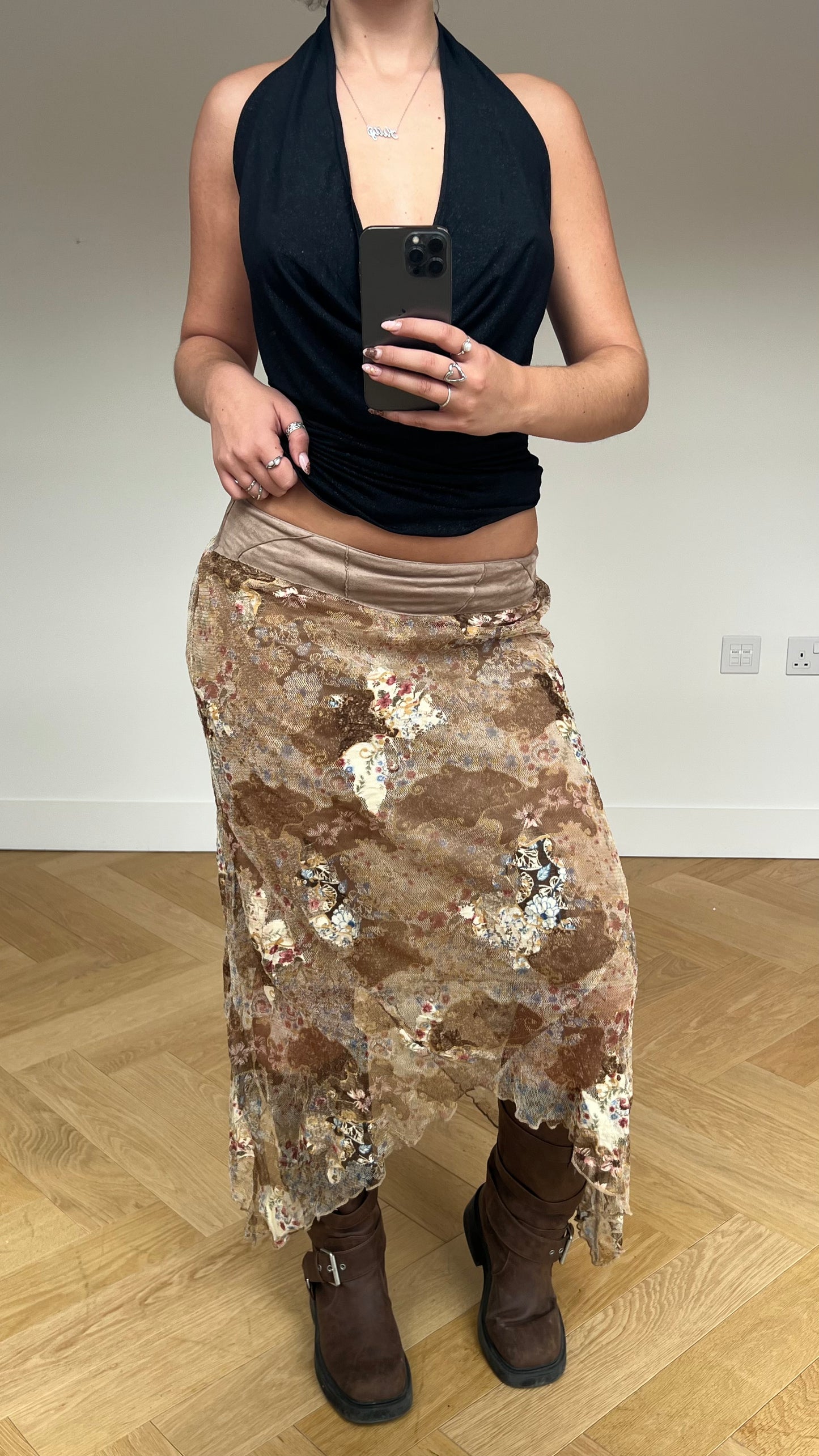 00s brown patchwork lace midi skirt- size M