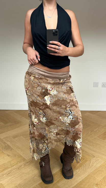 00s brown patchwork lace midi skirt- size M