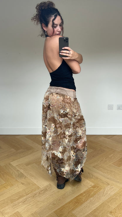 00s brown patchwork lace midi skirt- size M