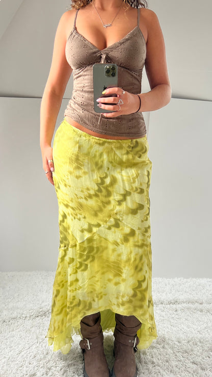 00s green yellow silk maxi skirt- size M