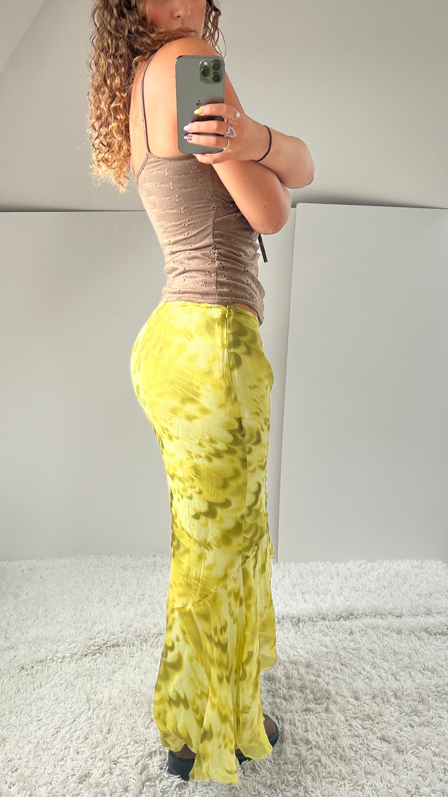 00s green yellow silk maxi skirt- size M