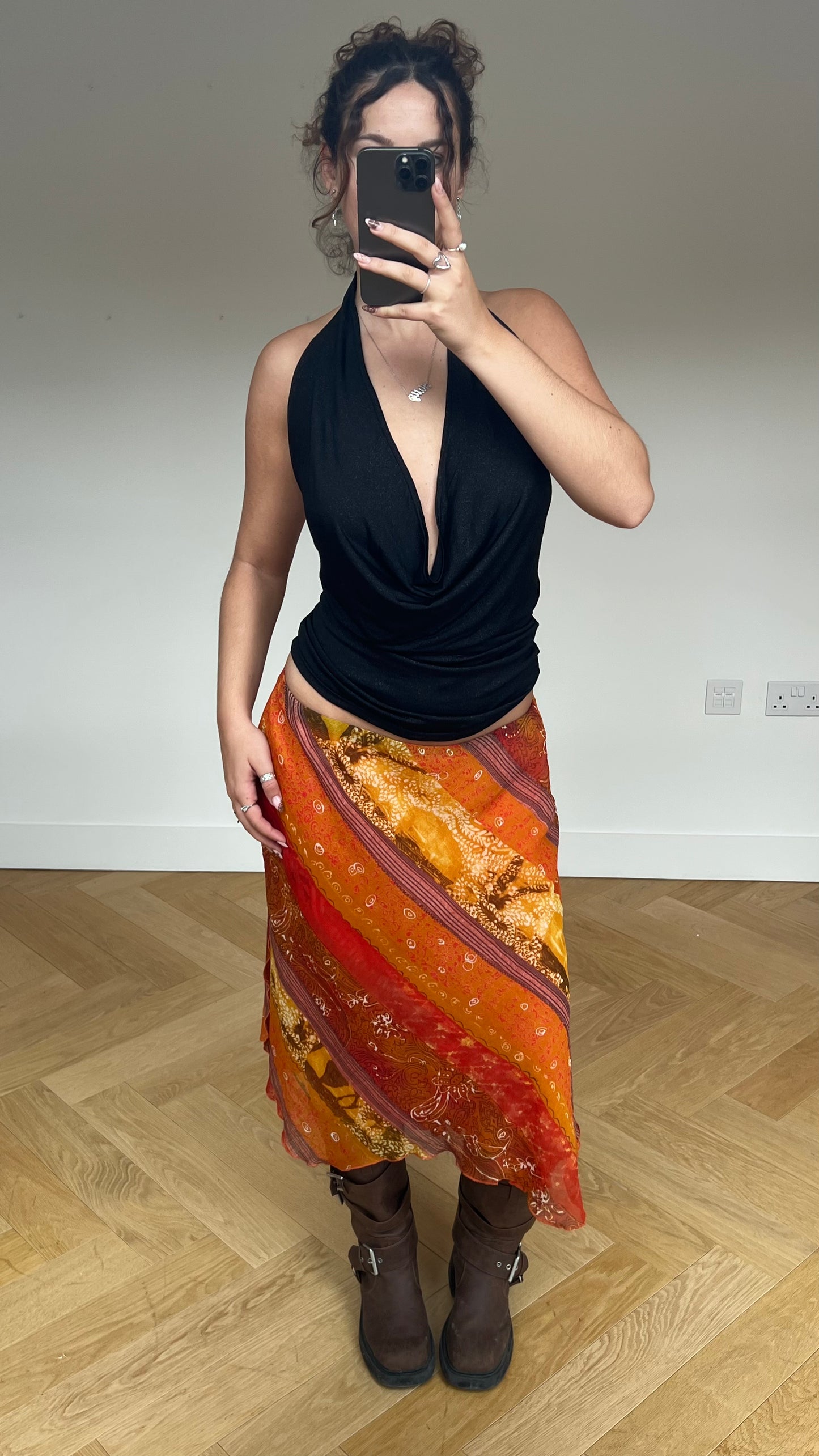 00s orange mesh midi skirt- size M