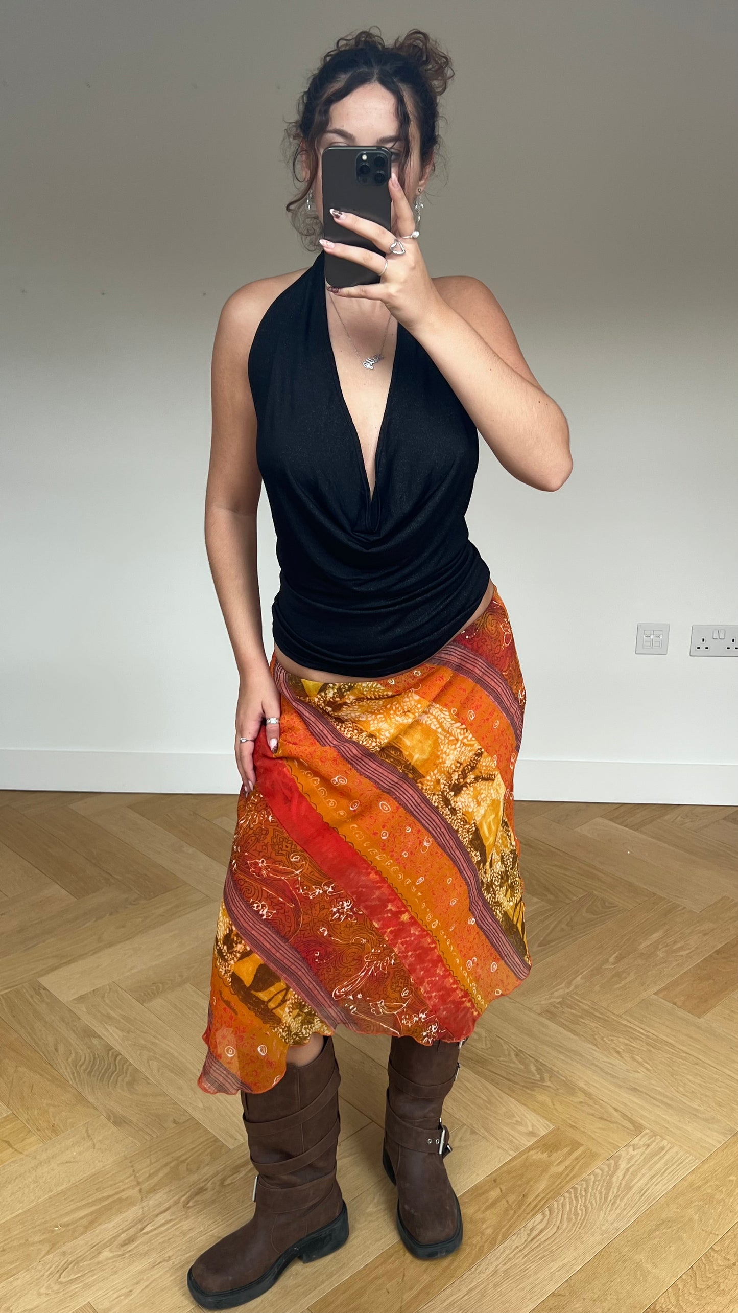 00s orange mesh midi skirt- size M