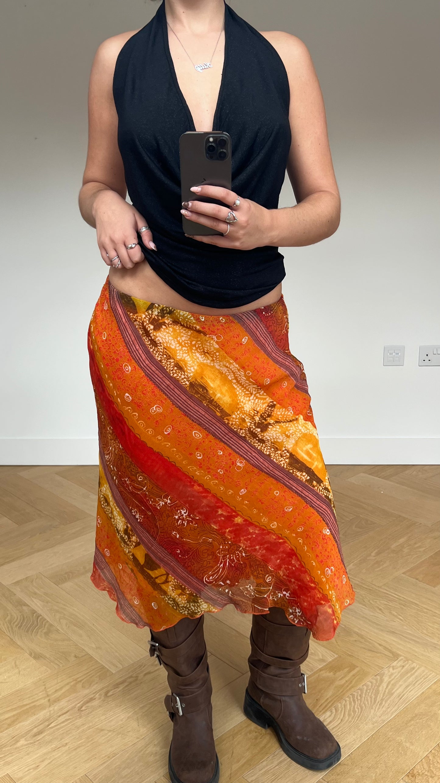 00s orange mesh midi skirt- size M