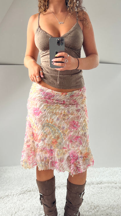 00s pink floral mesh midi skirt- size M