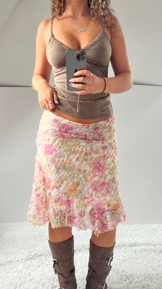 00s pink floral mesh midi skirt- size M