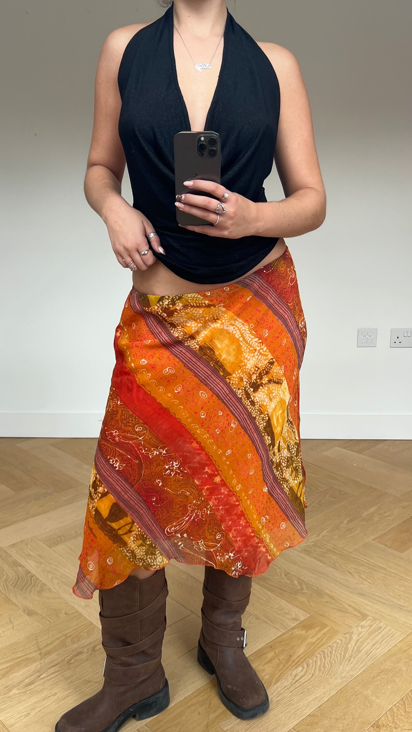 00s orange mesh midi skirt- size M