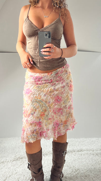 00s pink floral mesh midi skirt- size M