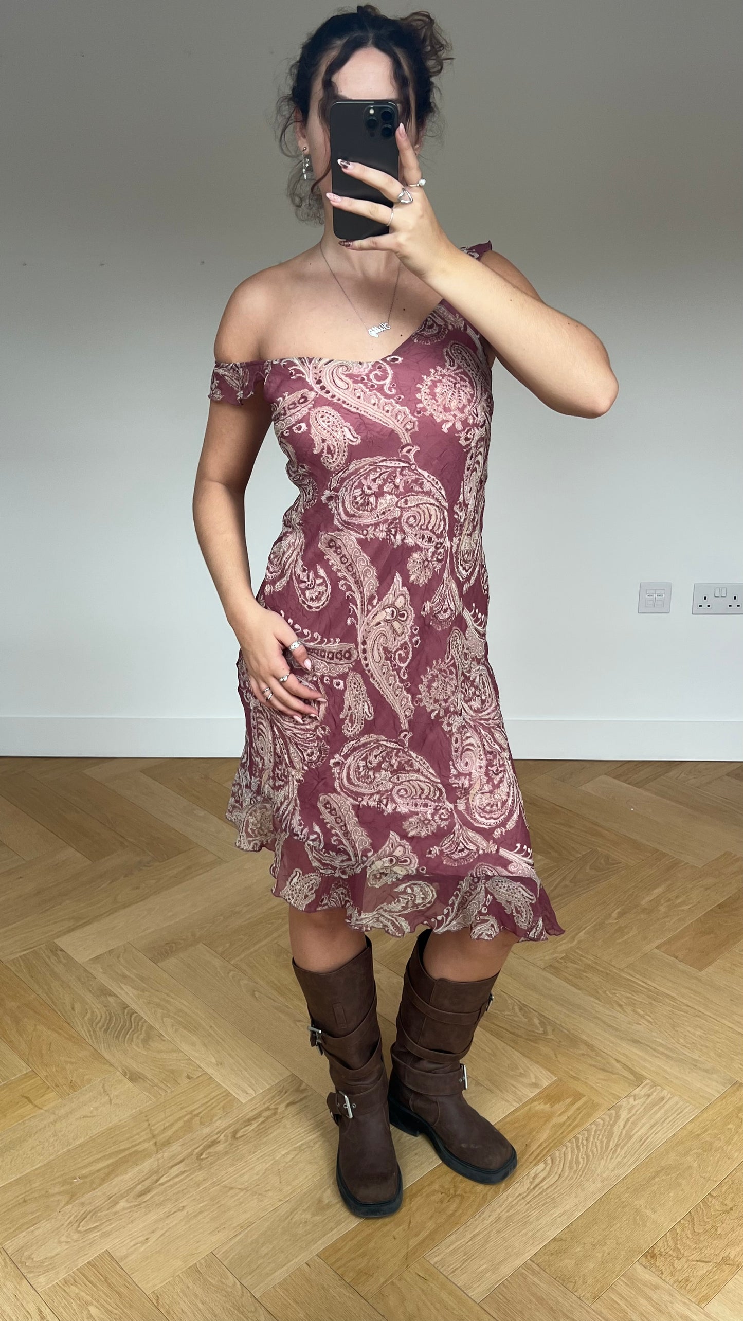 00s pink paisley mesh midi dress- size M