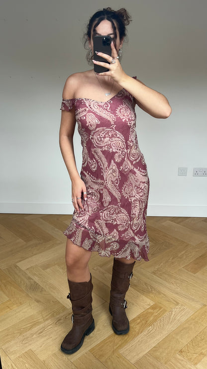 00s pink paisley mesh midi dress- size M