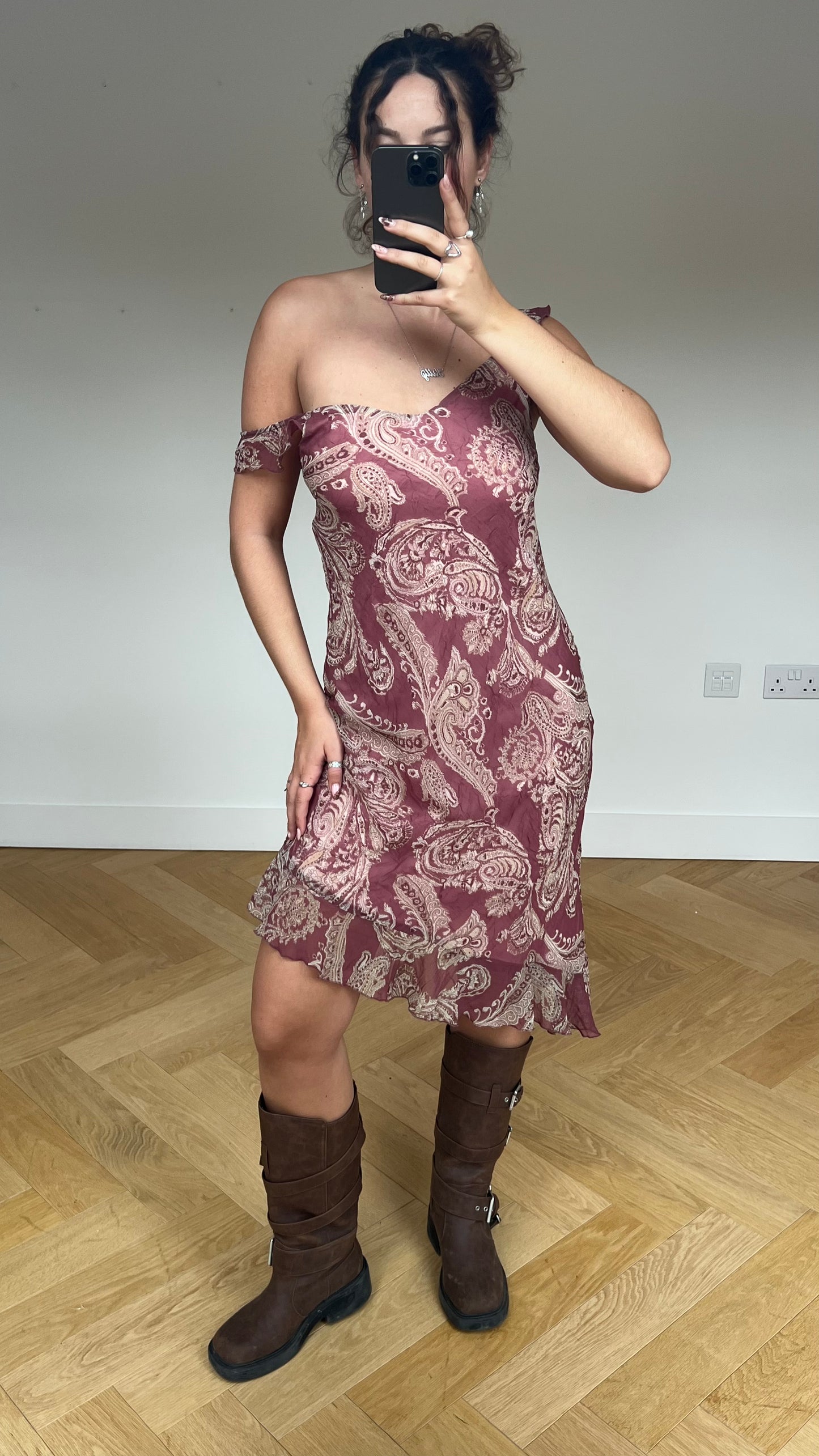 00s pink paisley mesh midi dress- size M
