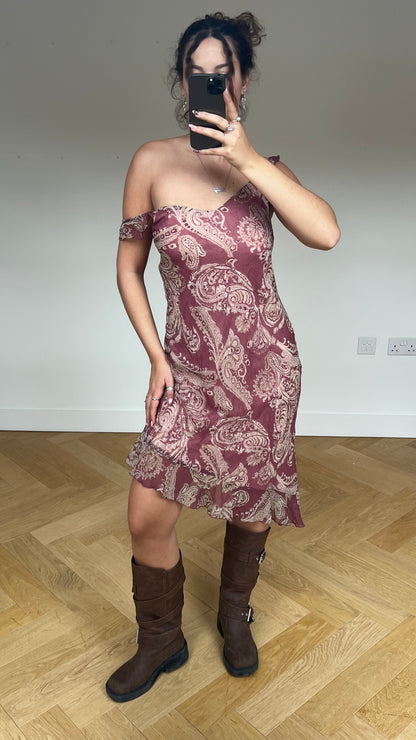 00s pink paisley mesh midi dress- size M